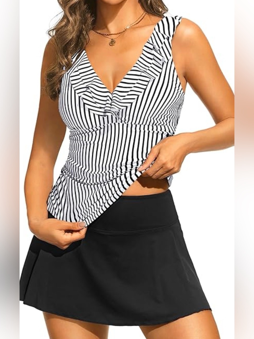Aqua Eve Black & White Striped Tankini Set